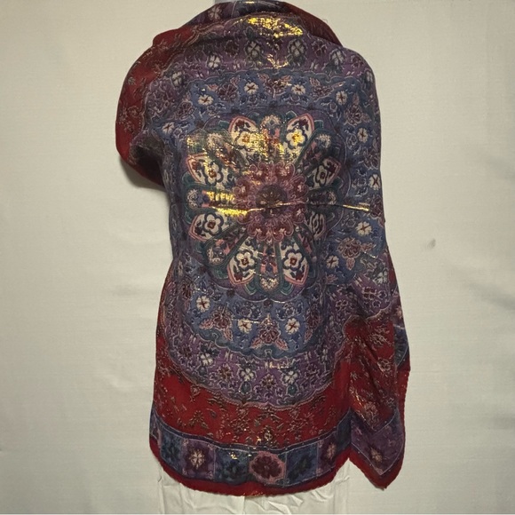 Metallic Asian print scarf 75% rayon rolled hem 3.5X34.5 NEW OR LIKE NEW - Picture 9 of 14